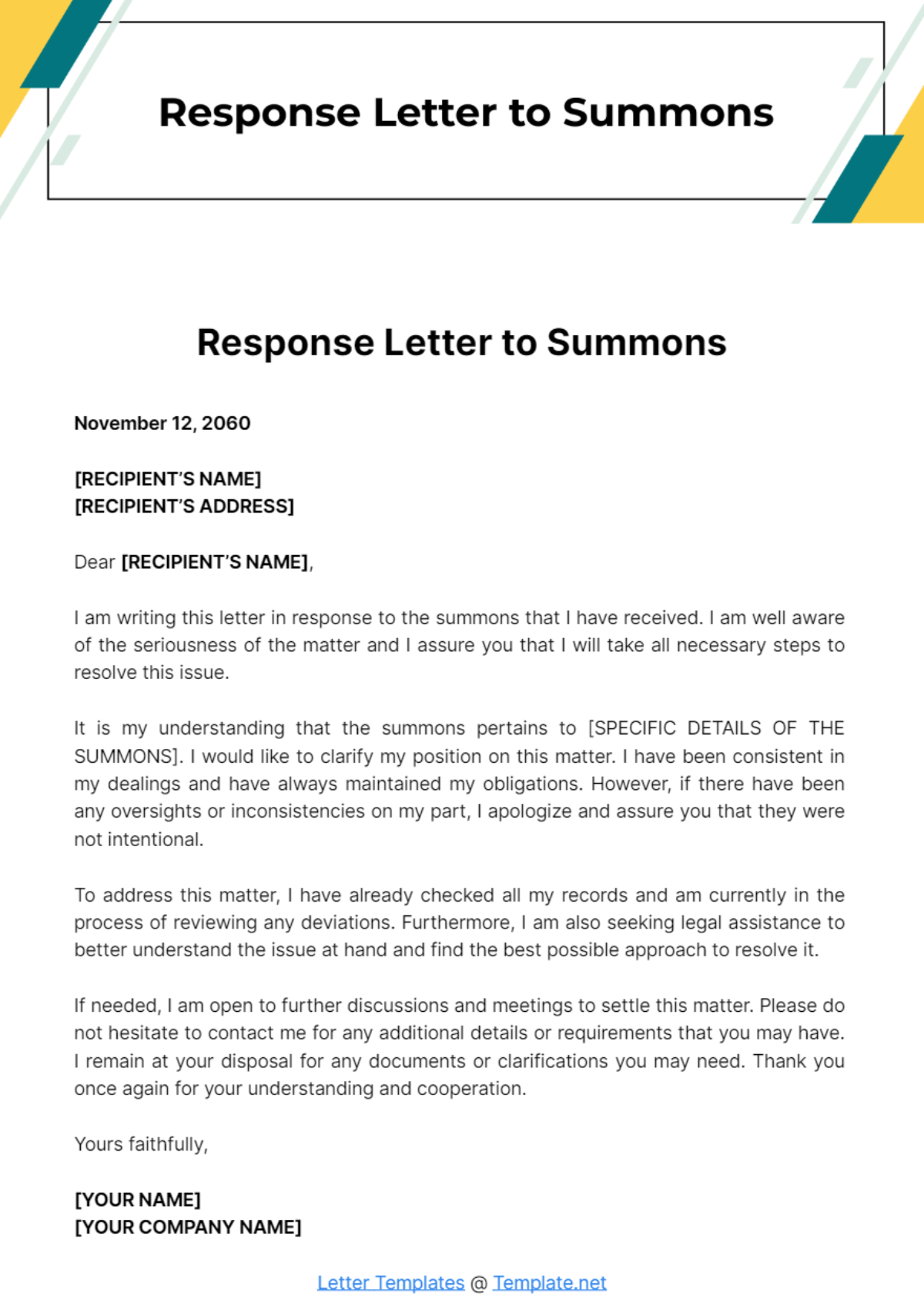 Free Response Letter to Summons Template