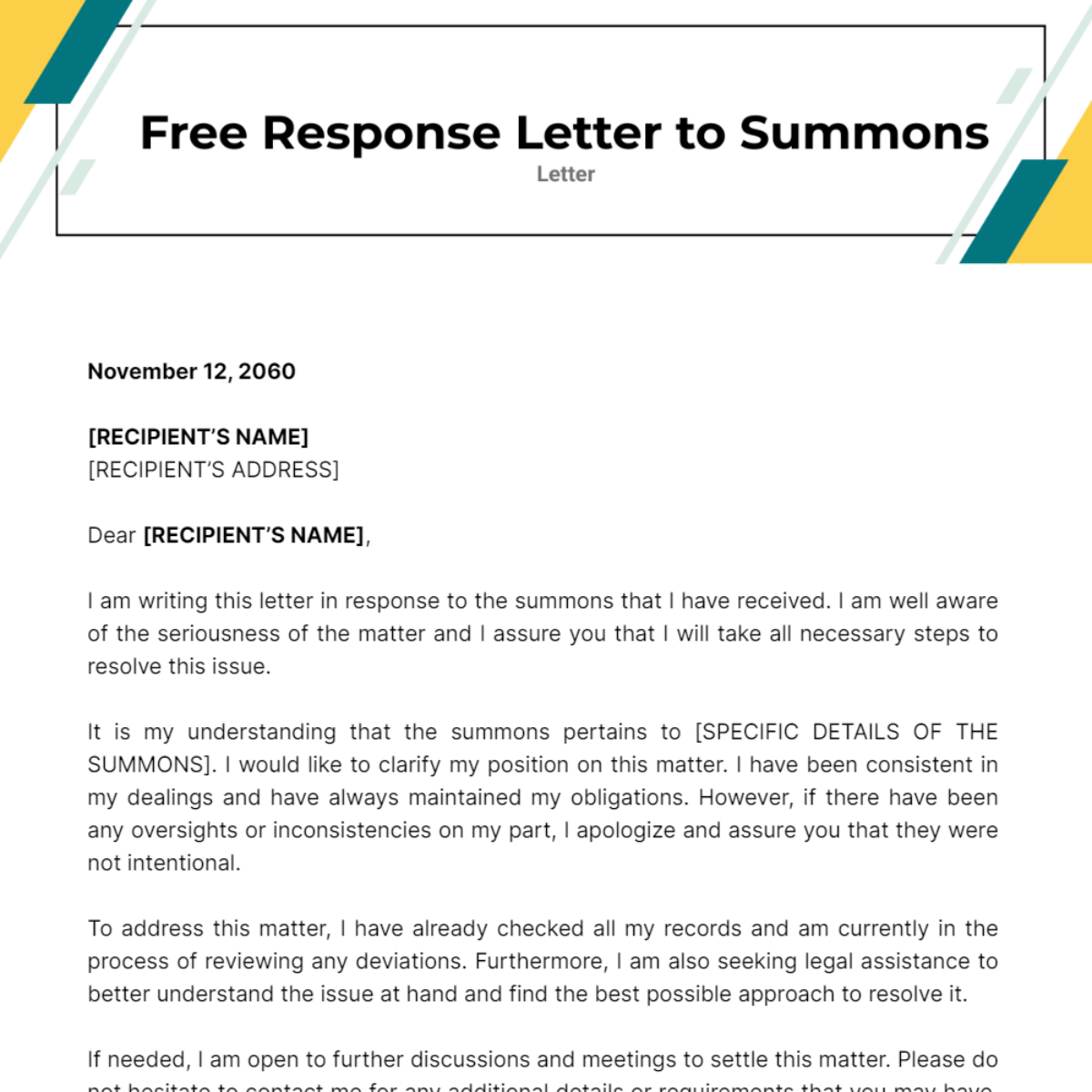 Free Response Letter to Summons