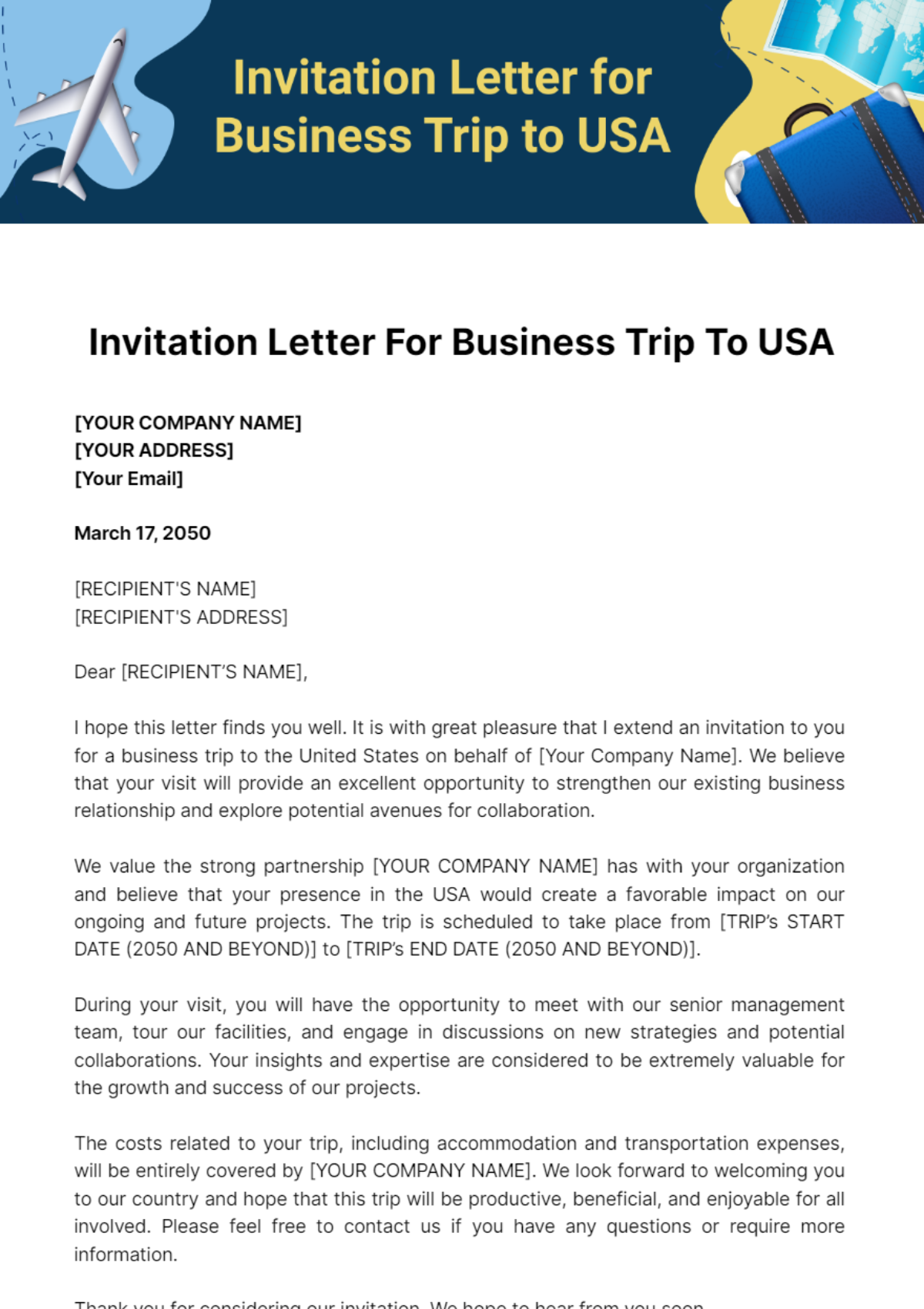 Free Invitation Letter for Business Trip to USA Template