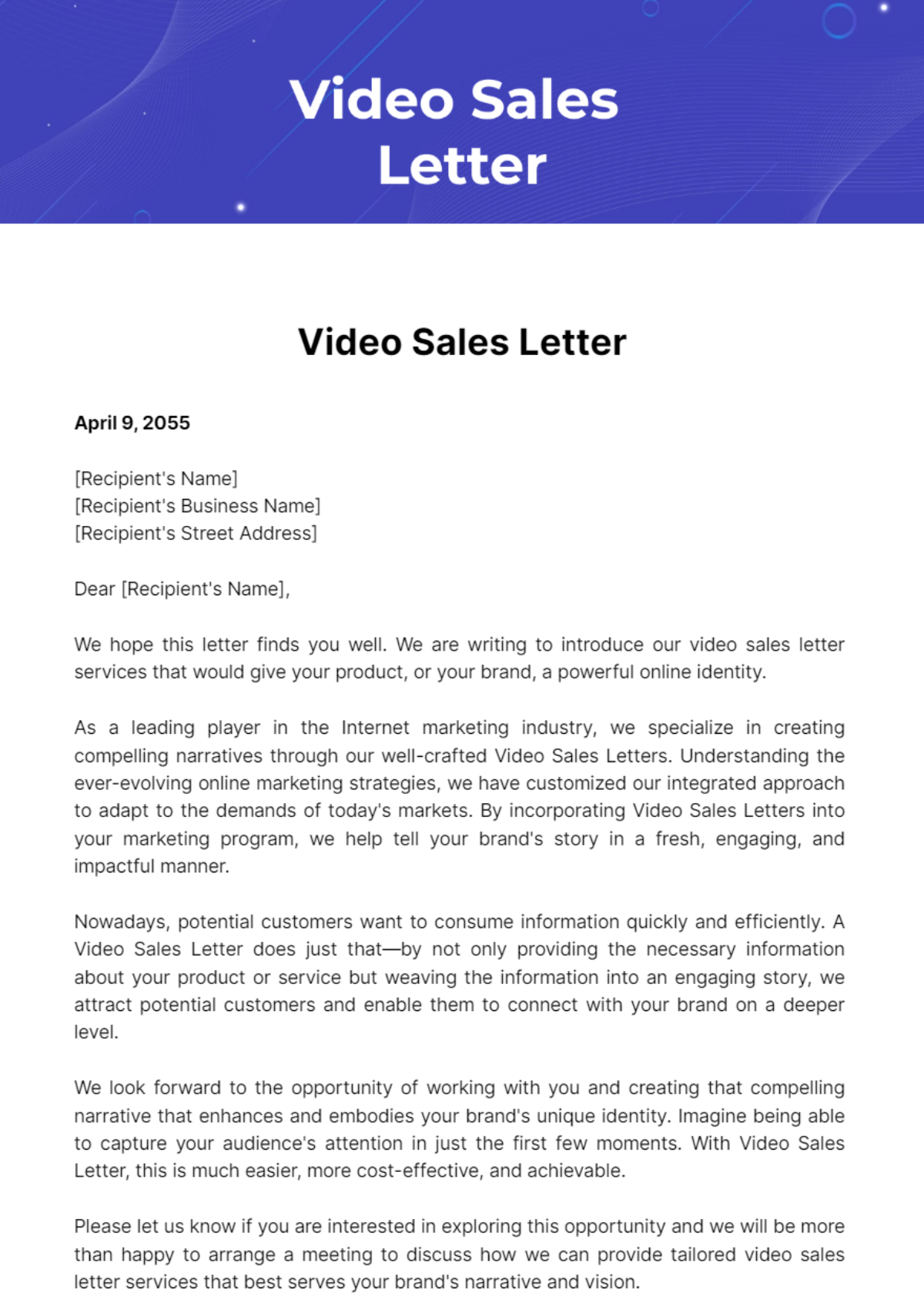 Free Video Sales Letter Template