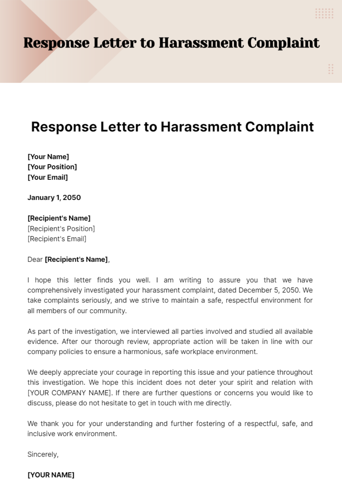 Response Letter to Harassment Complaint Template