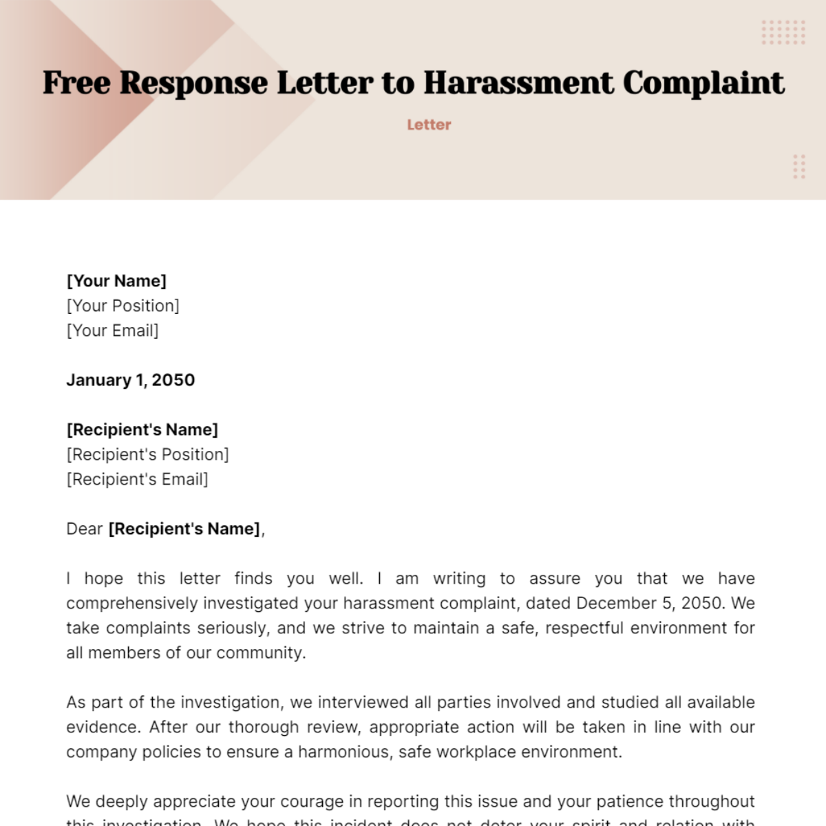 Free Response Letter to Harassment Complaint