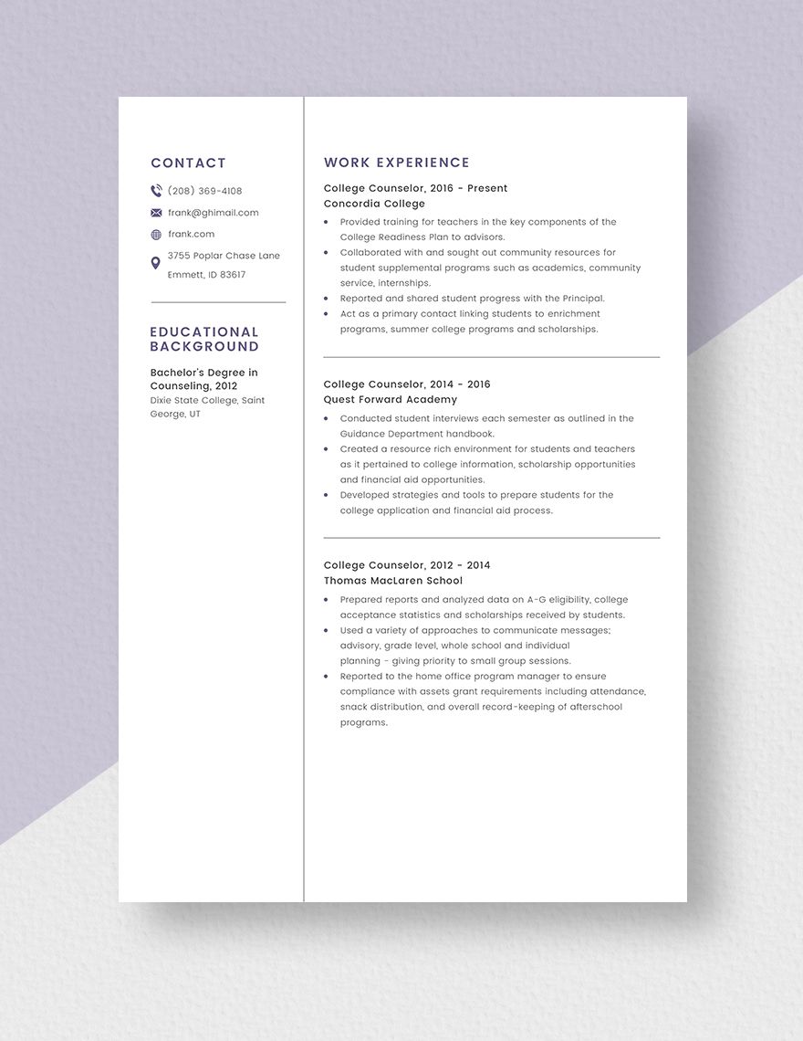 College Counselor Resume