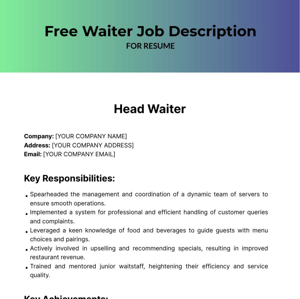 Free Waiter Job Description for Resume Template