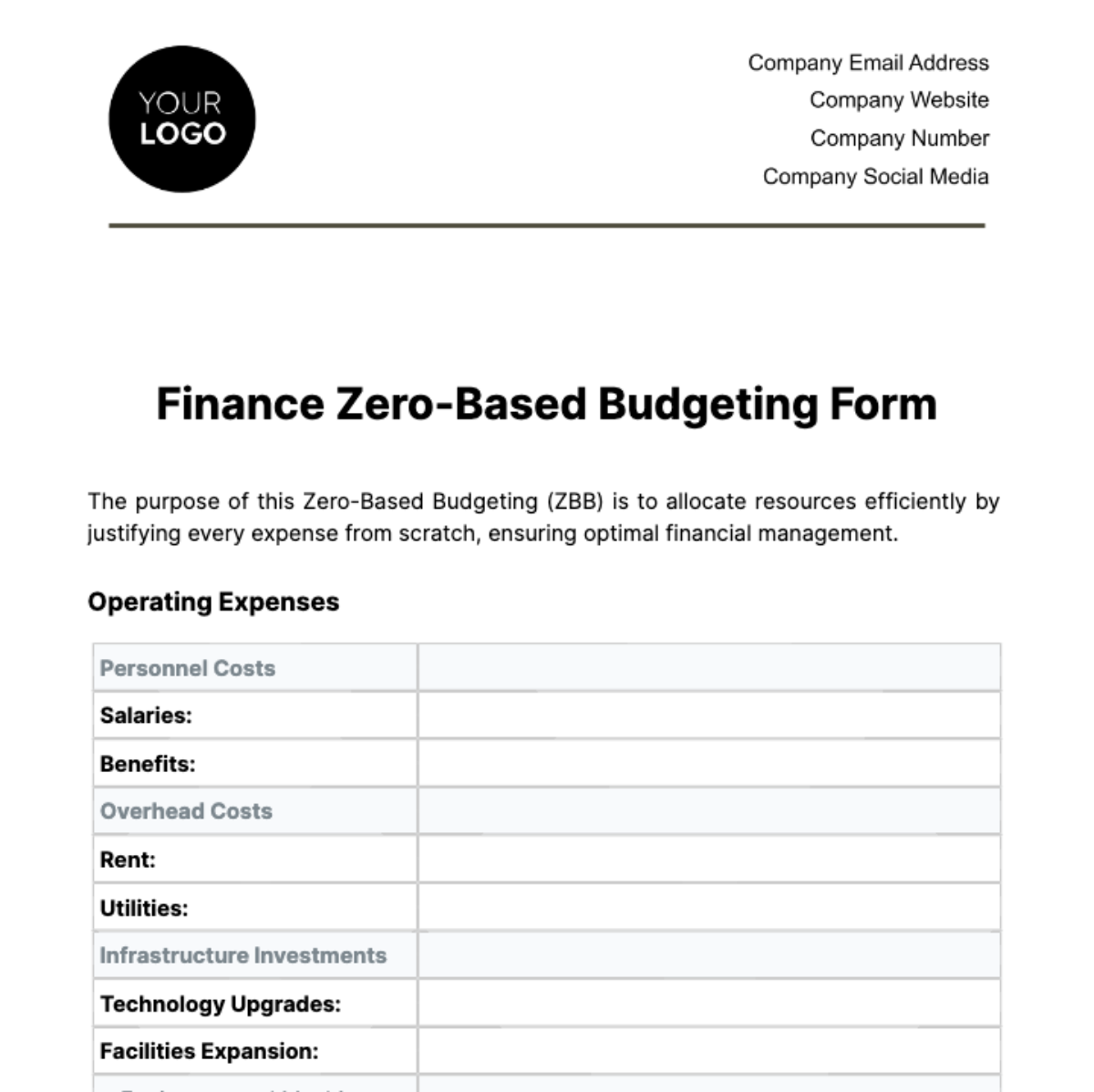 Finance Zero-Based Budgeting Form Template