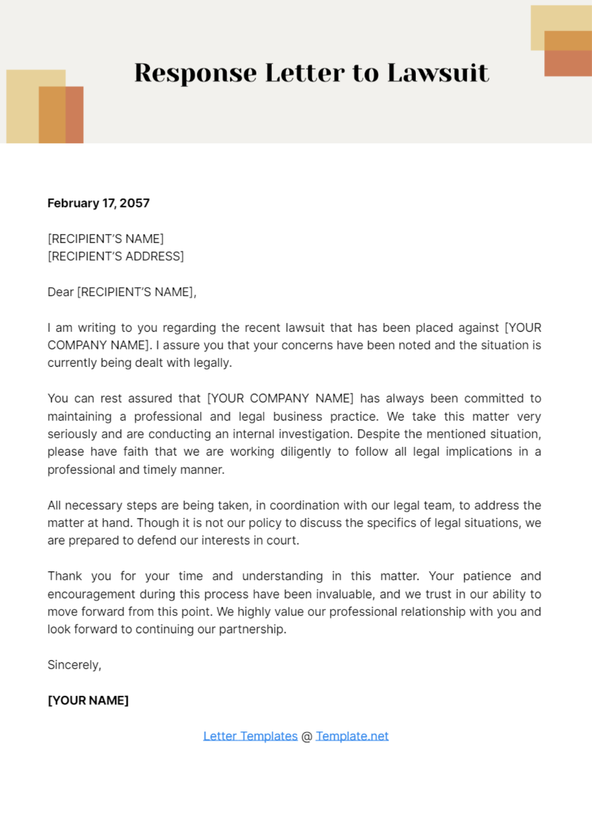 Free Response Letter to Lawsuit Template