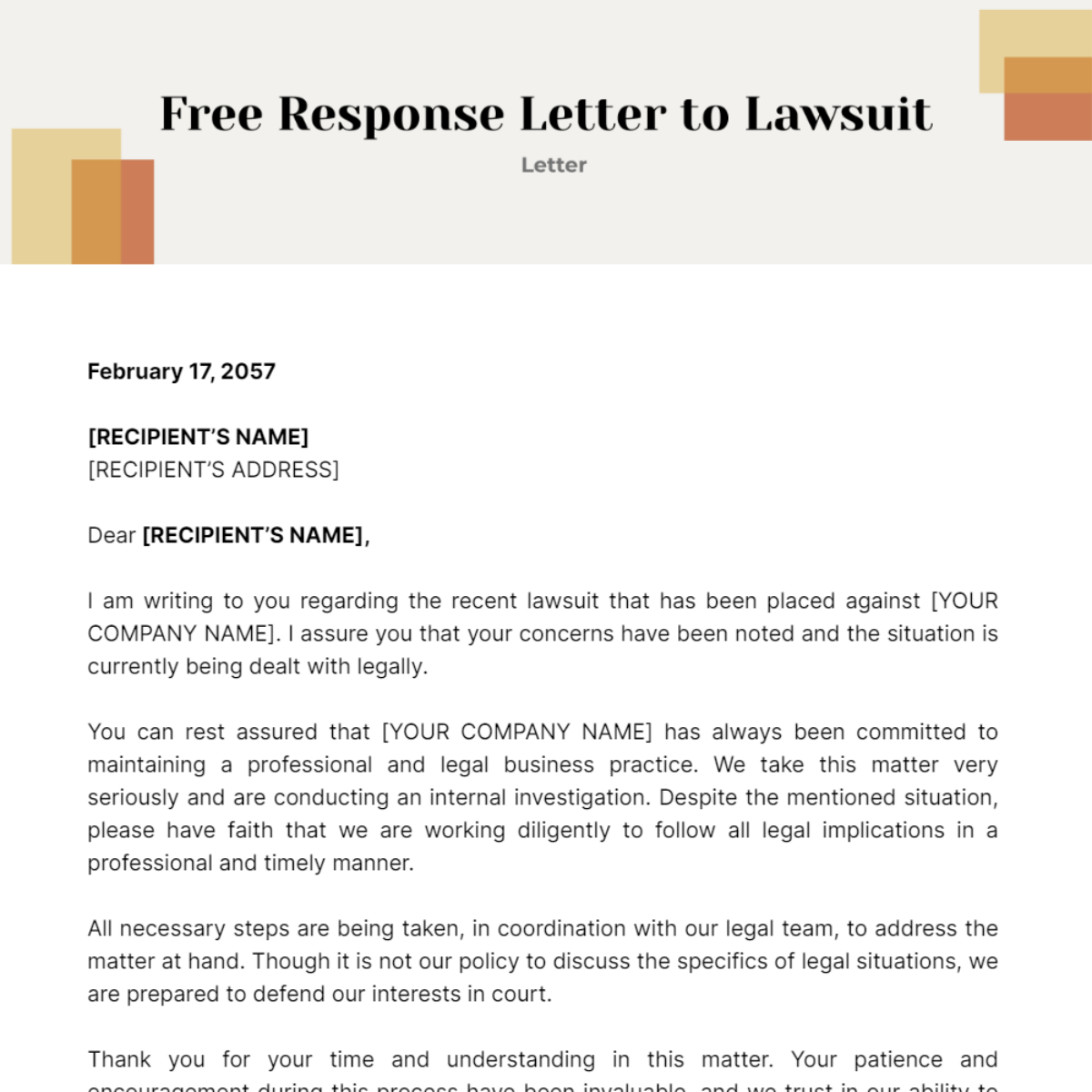 Free Response Letter to Lawsuit