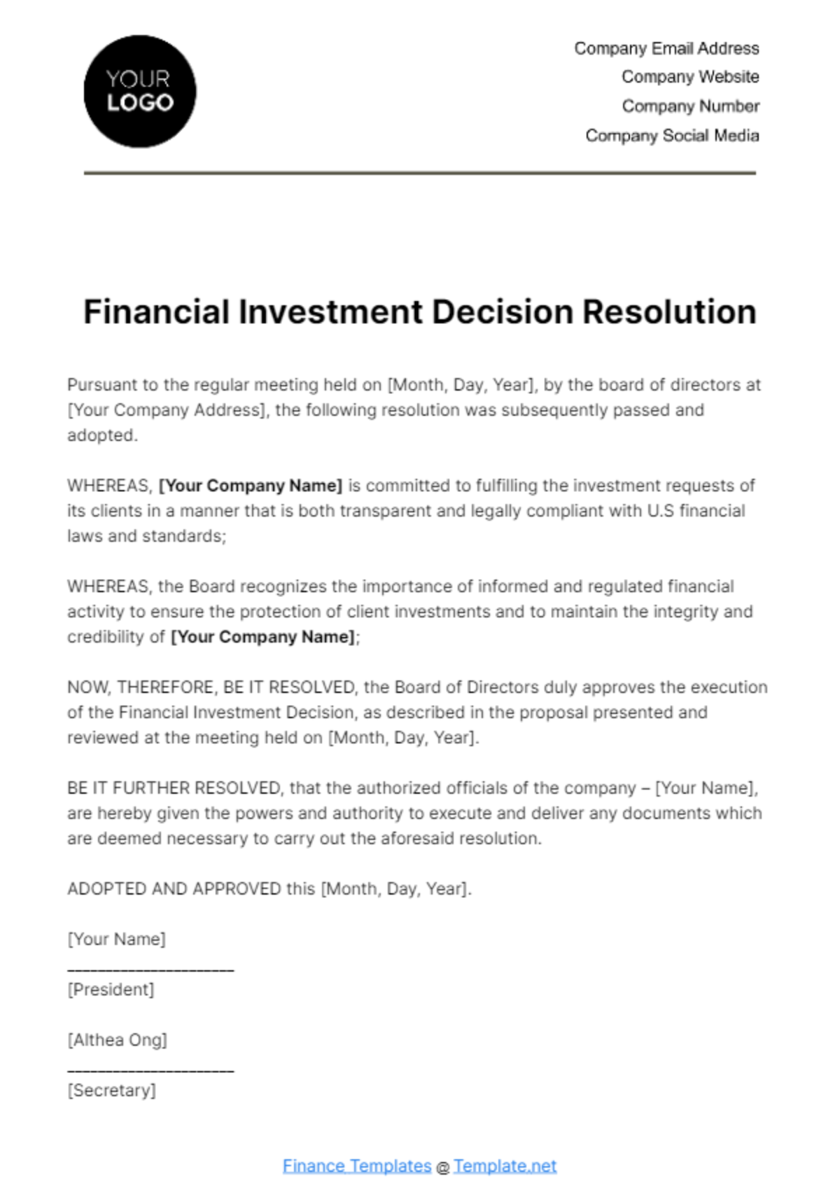 Free Financial Investment Decision Resolution Template