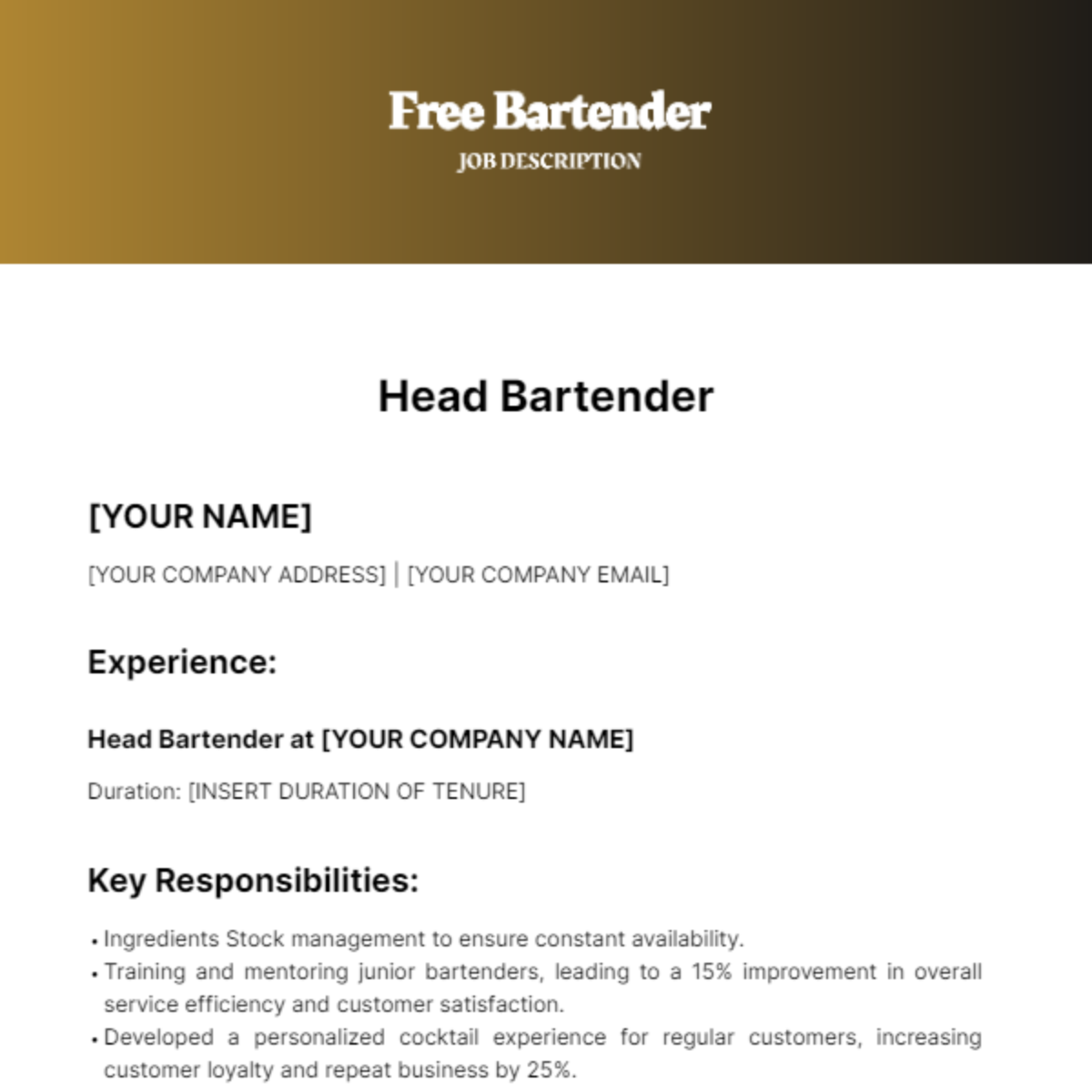 Free Bartender Job Description for Resume Template