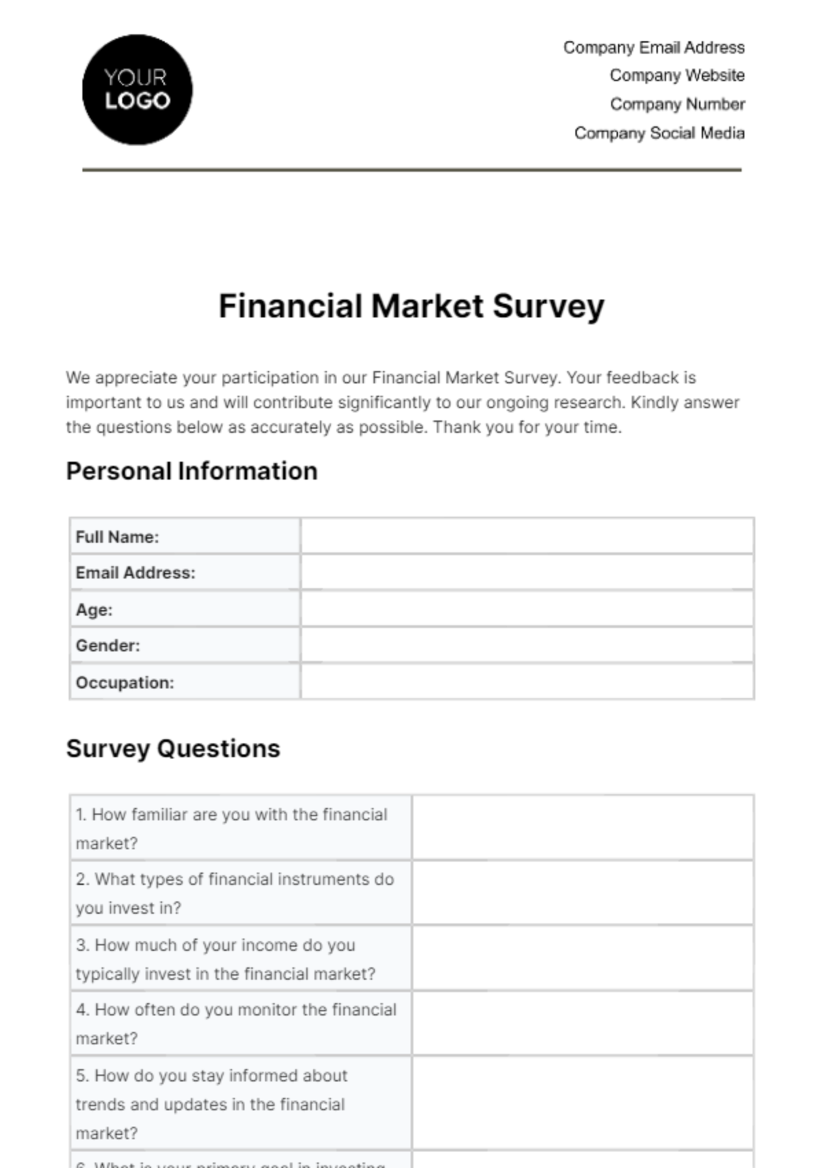 Free Financial Market Survey Template