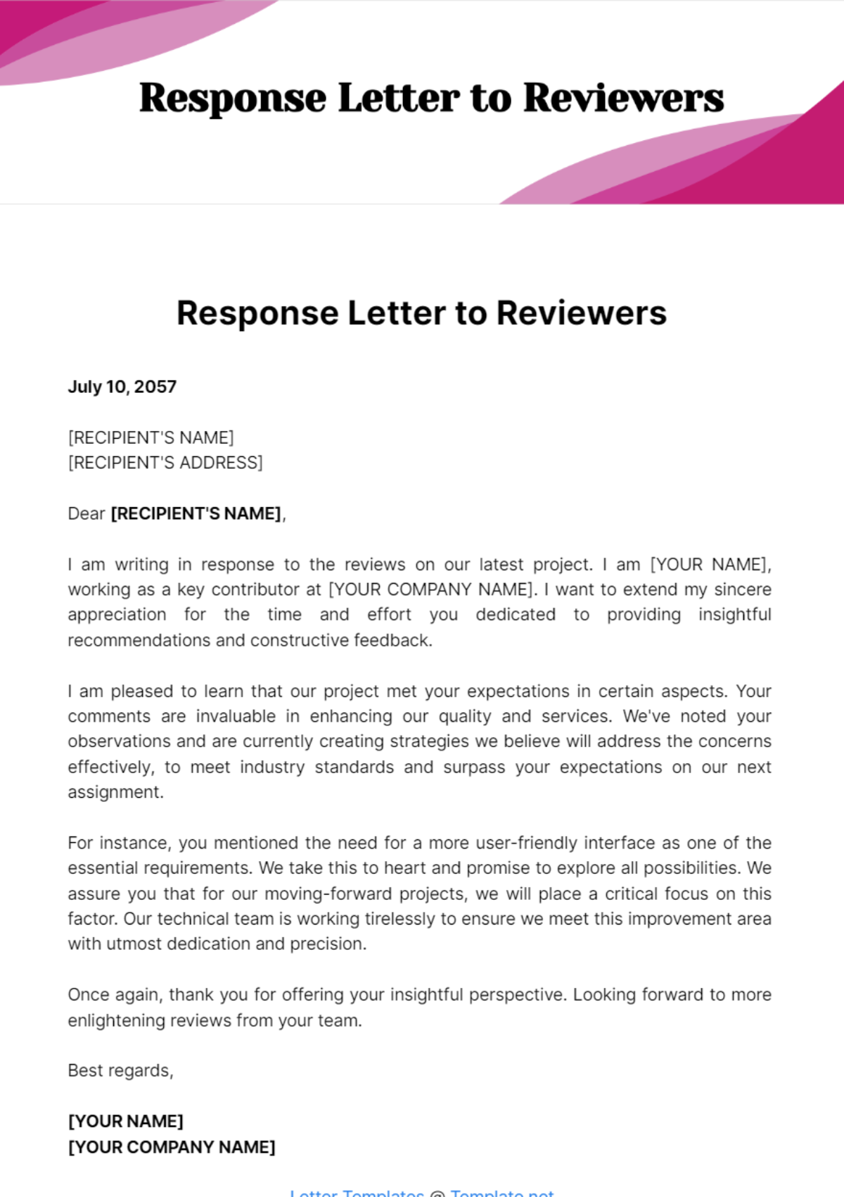 Free Response Letter to Reviewers Template