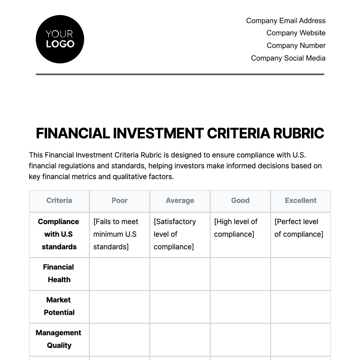 Financial Investment Criteria Rubric Template