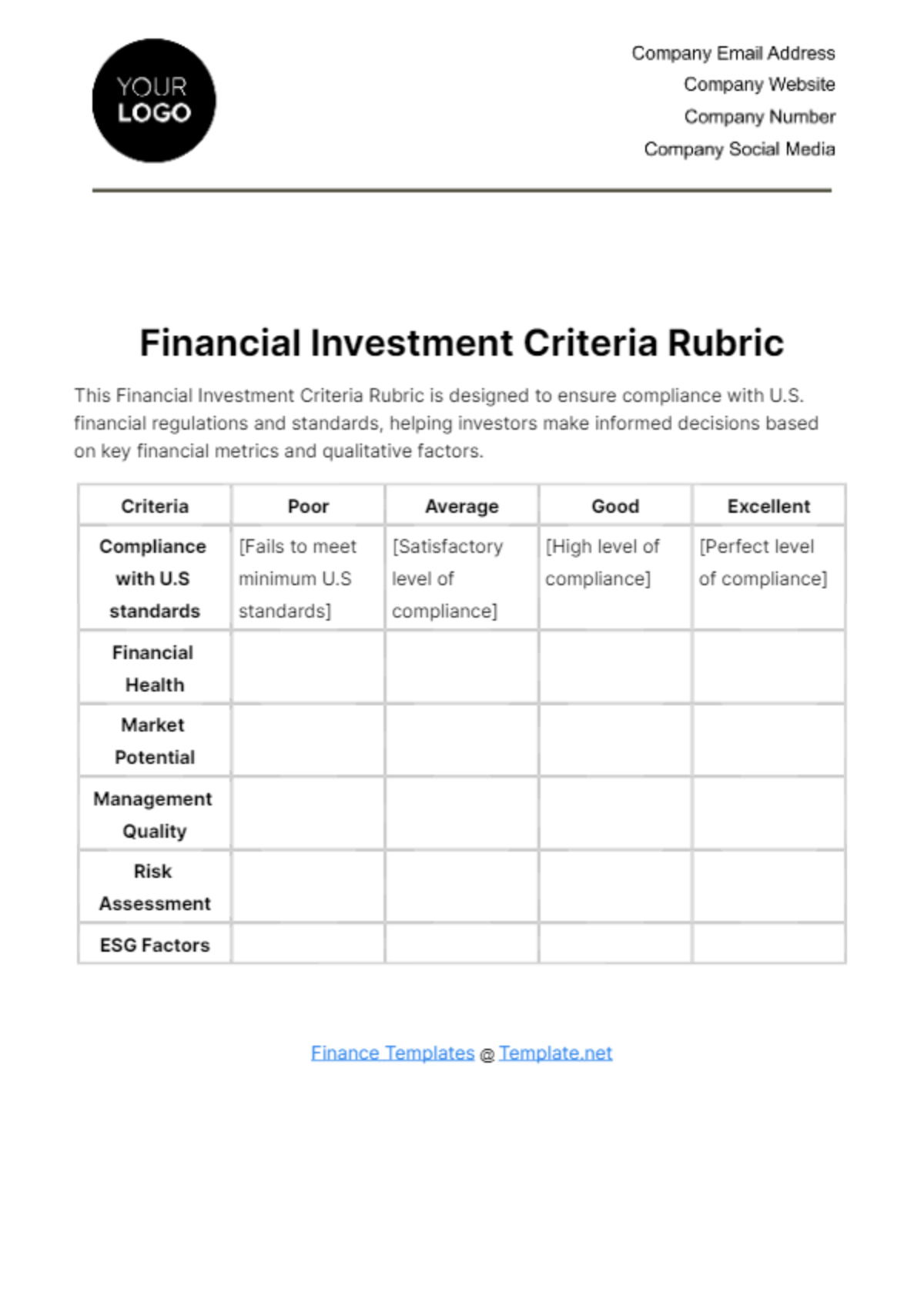 Financial Investment Criteria Rubric Template