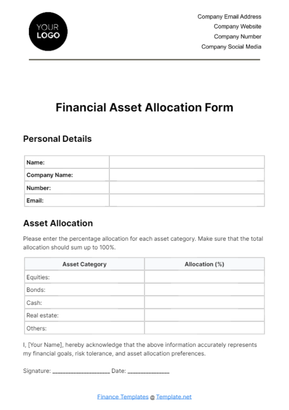 Financial Asset Allocation Form Template