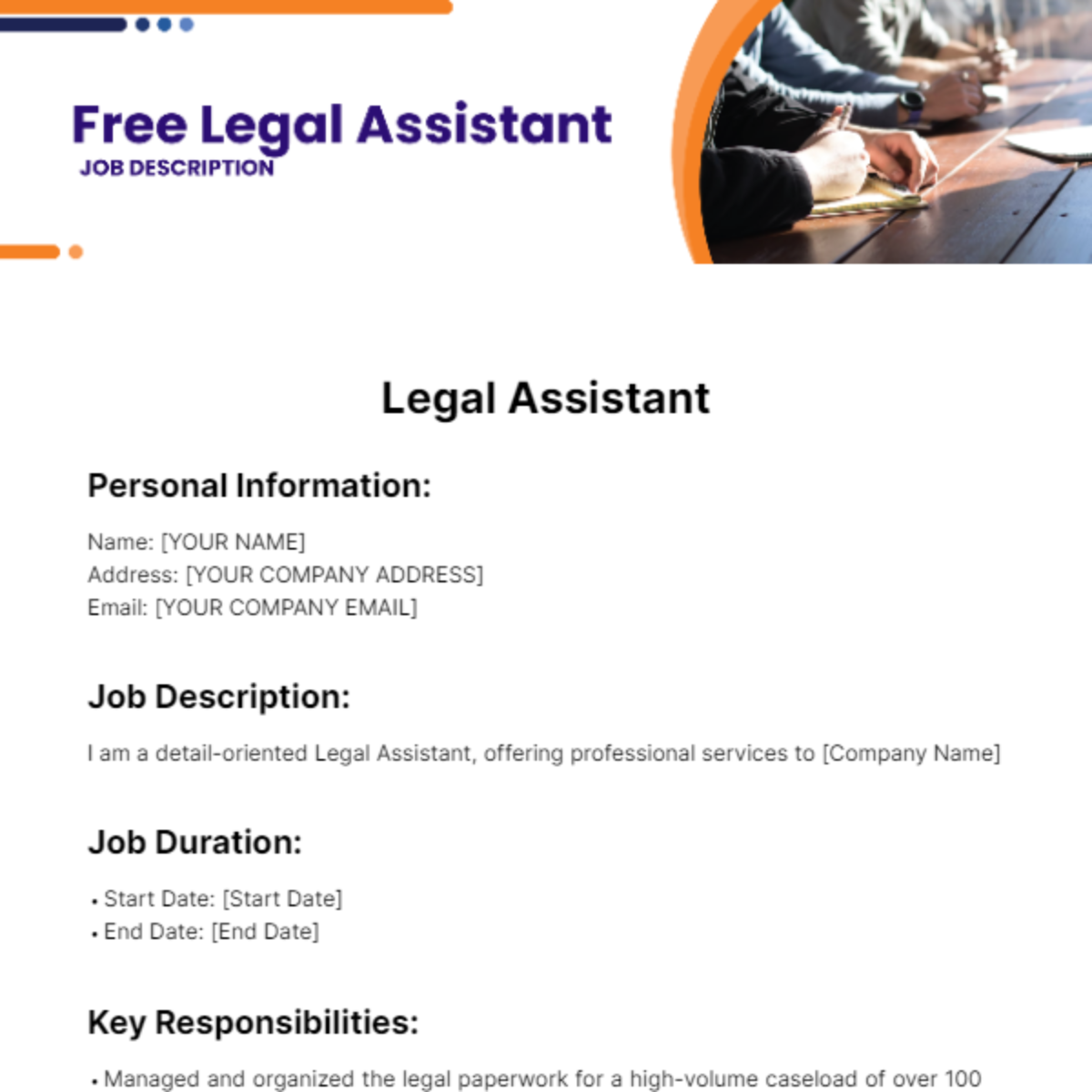 Free Legal Assistant Job Description for Resume Template