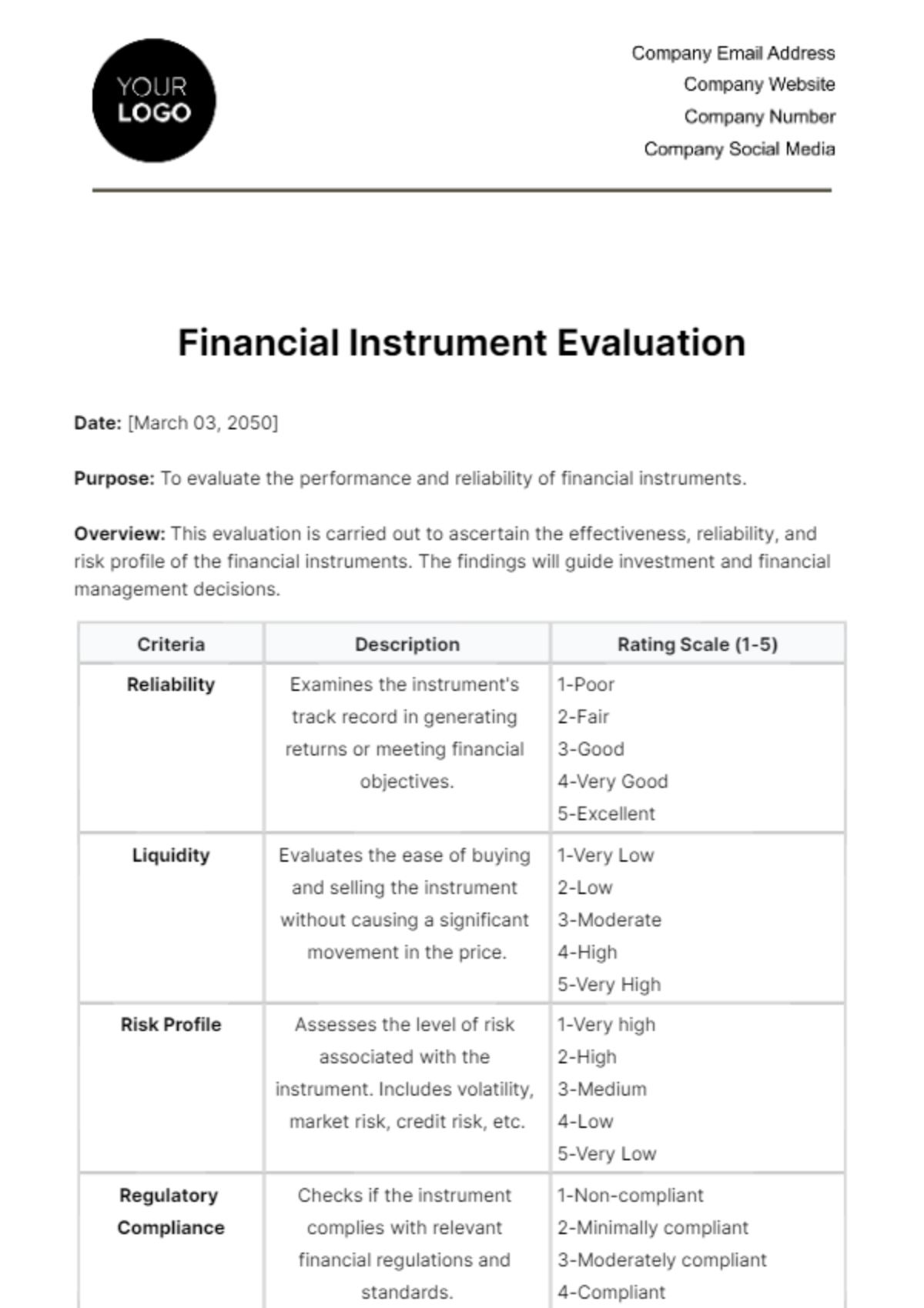 Financial Instrument Evaluation Template