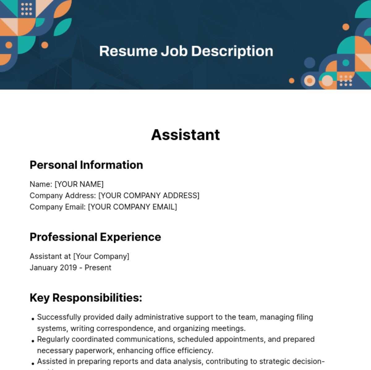 Resume Job Description Template