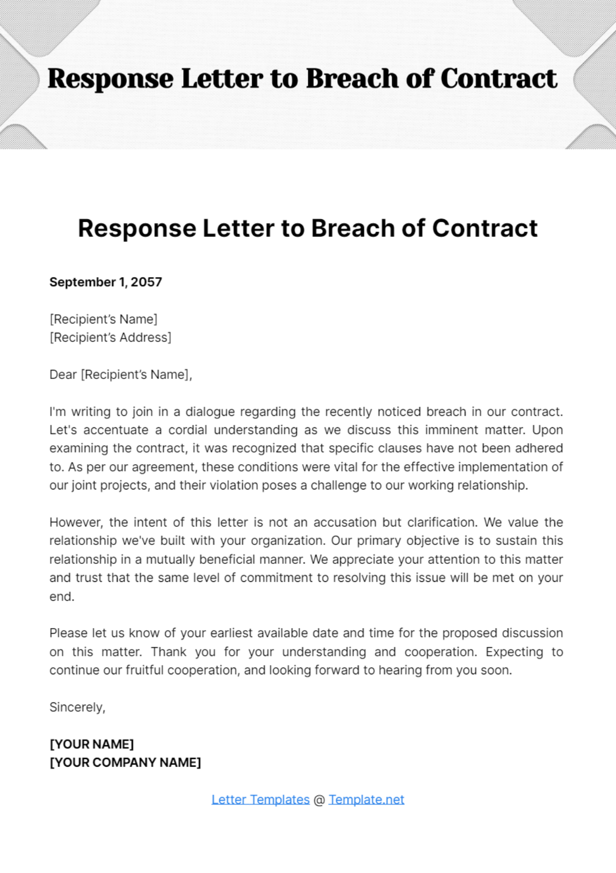 Response Letter to Breach of Contract Template