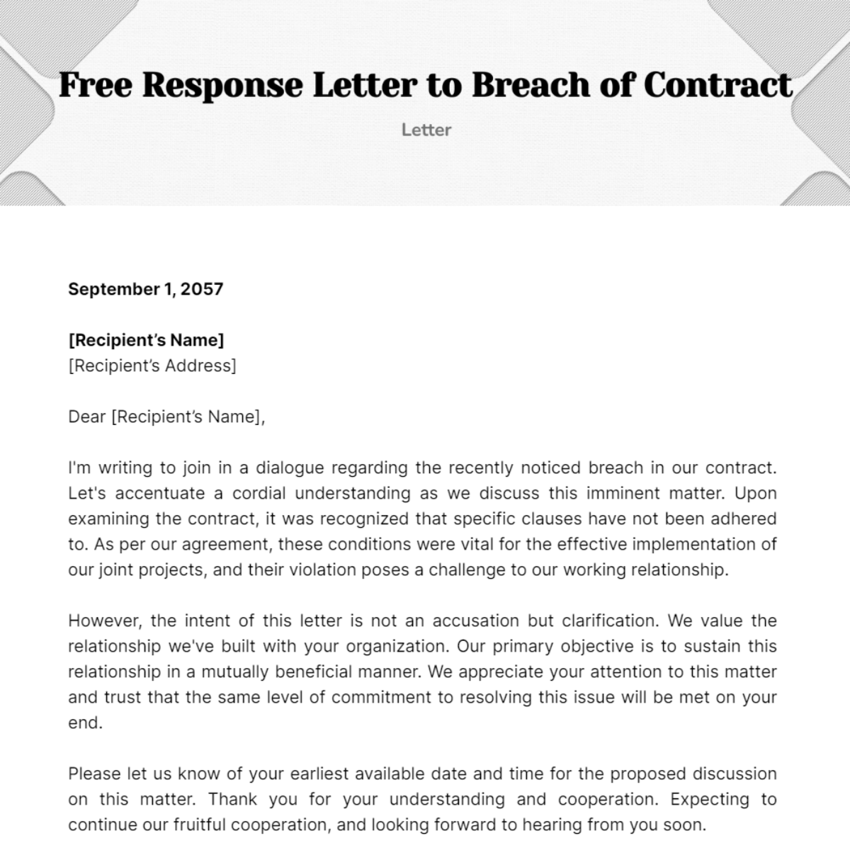Free Response Letter to Breach of Contract