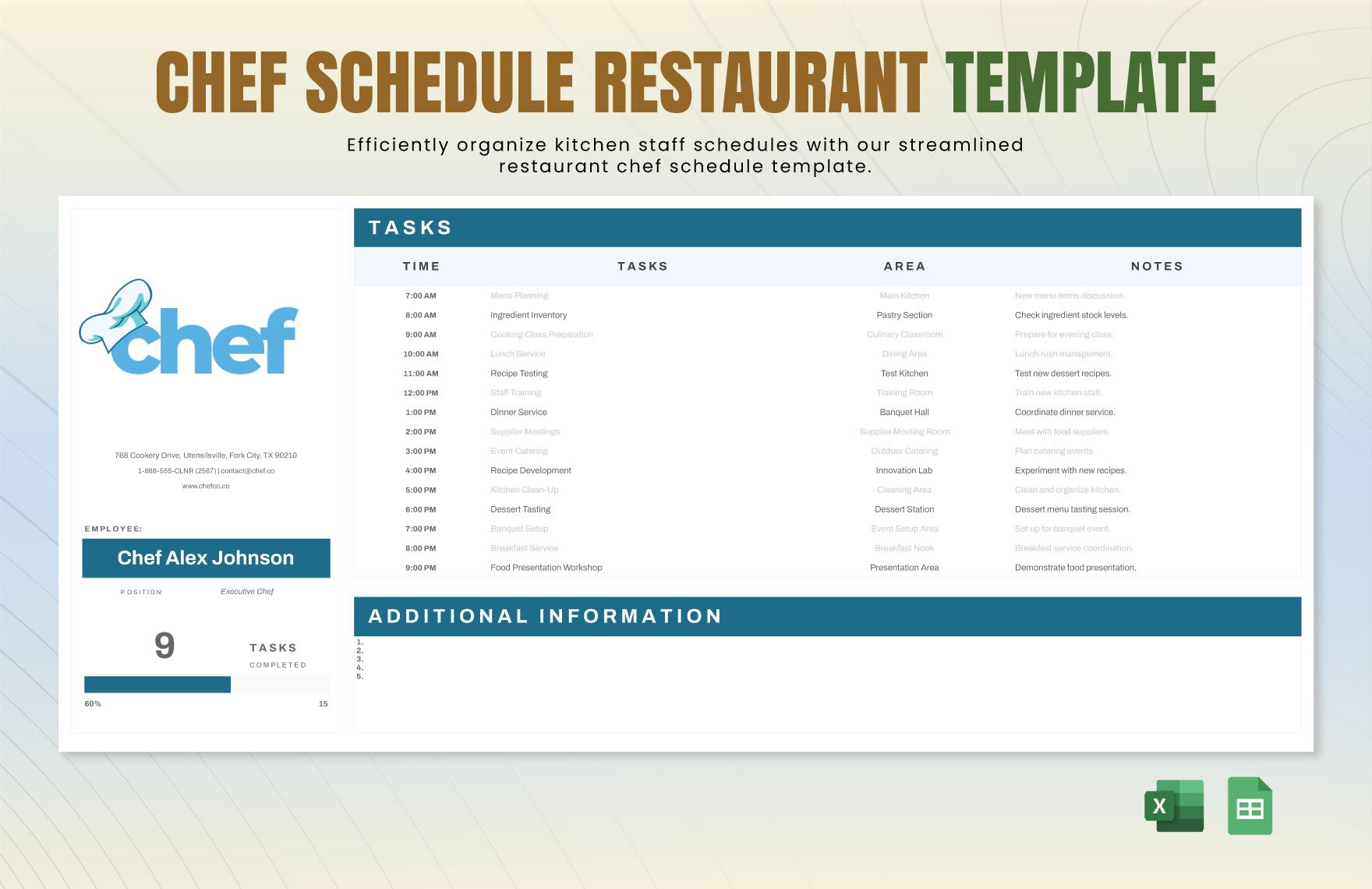 Chef Schedule Restaurant Template in Excel, Google Sheets