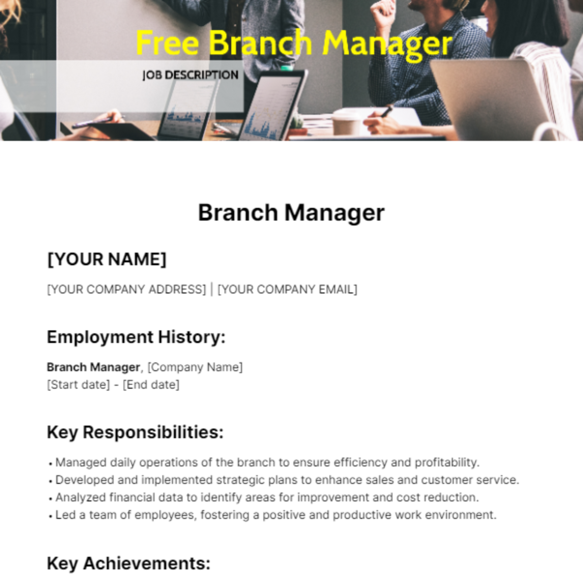 Free Branch Manager Job Description for Resume Template