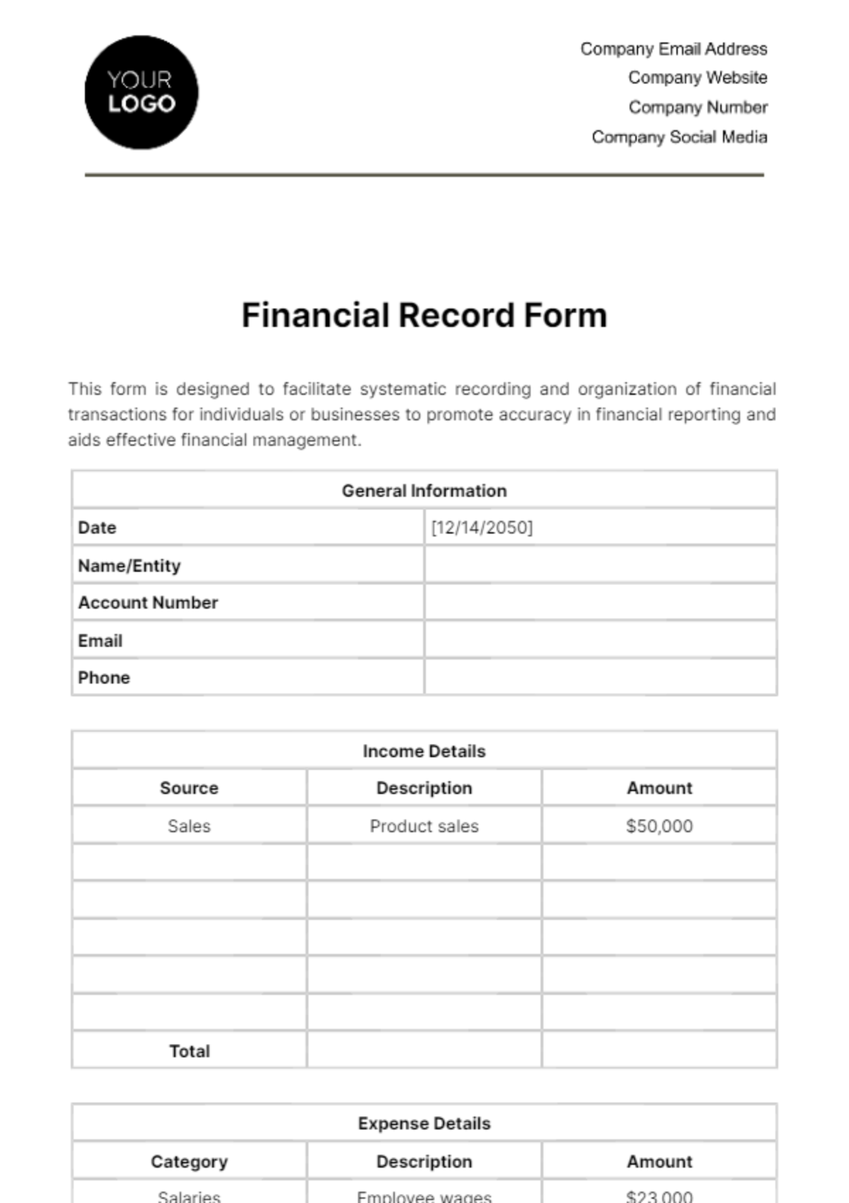 Financial Record Form Template
