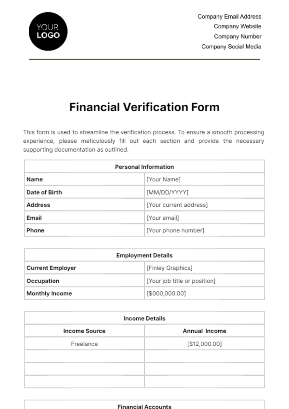 Free Financial Verification Form Template