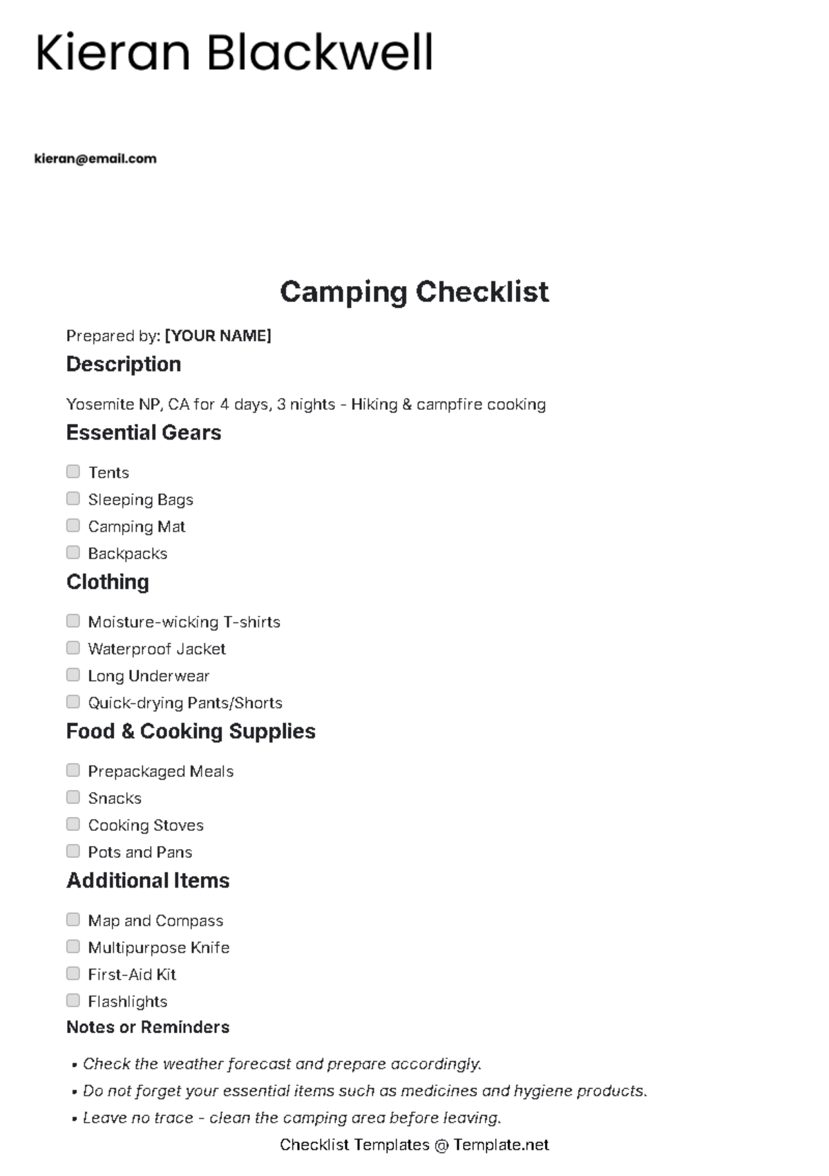 Camping Checklist Template - Edit Online & Download