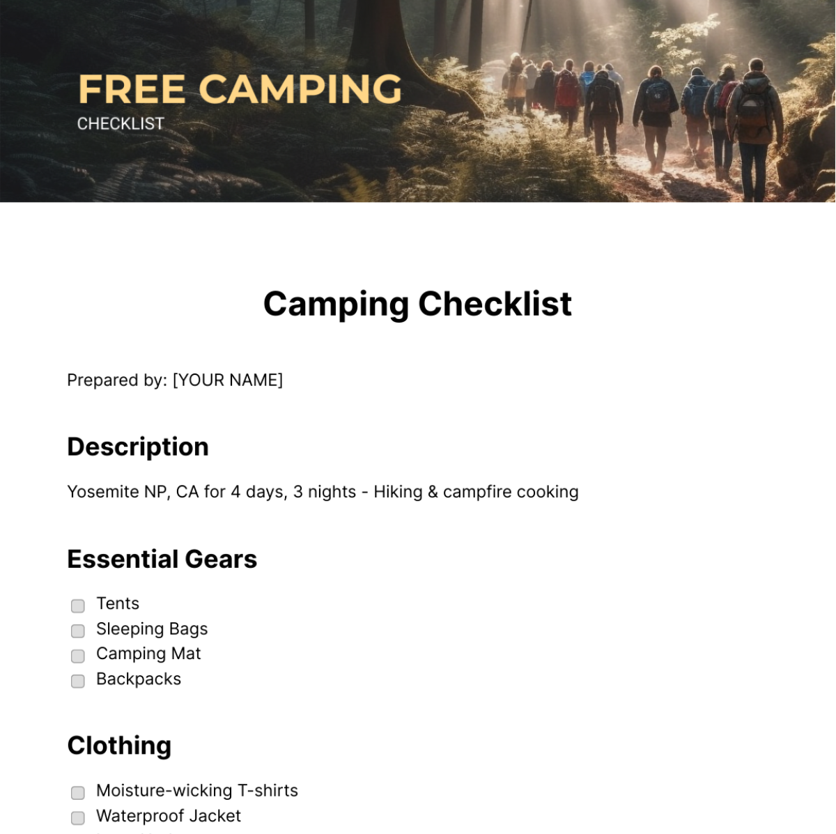 Camping Checklist Template - Edit Online & Download Example | Template.net