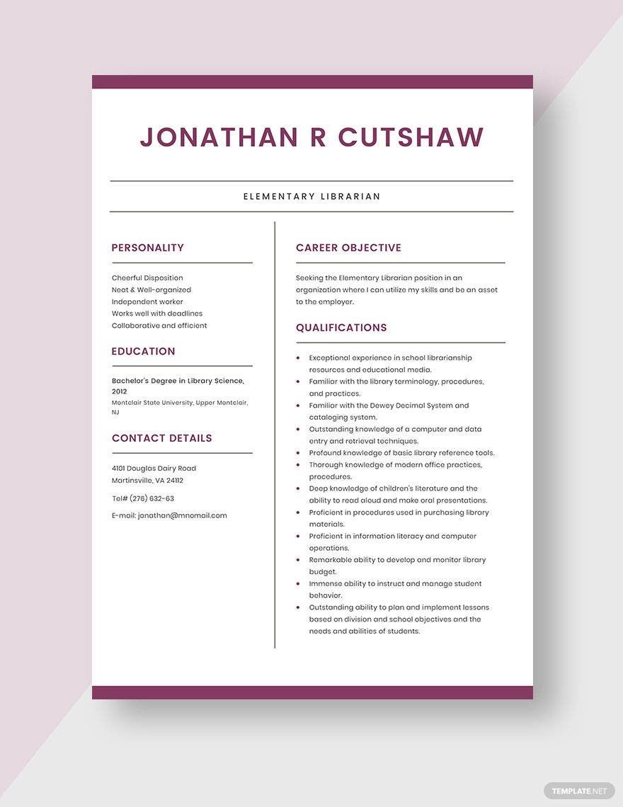Elementary Librarian Resume