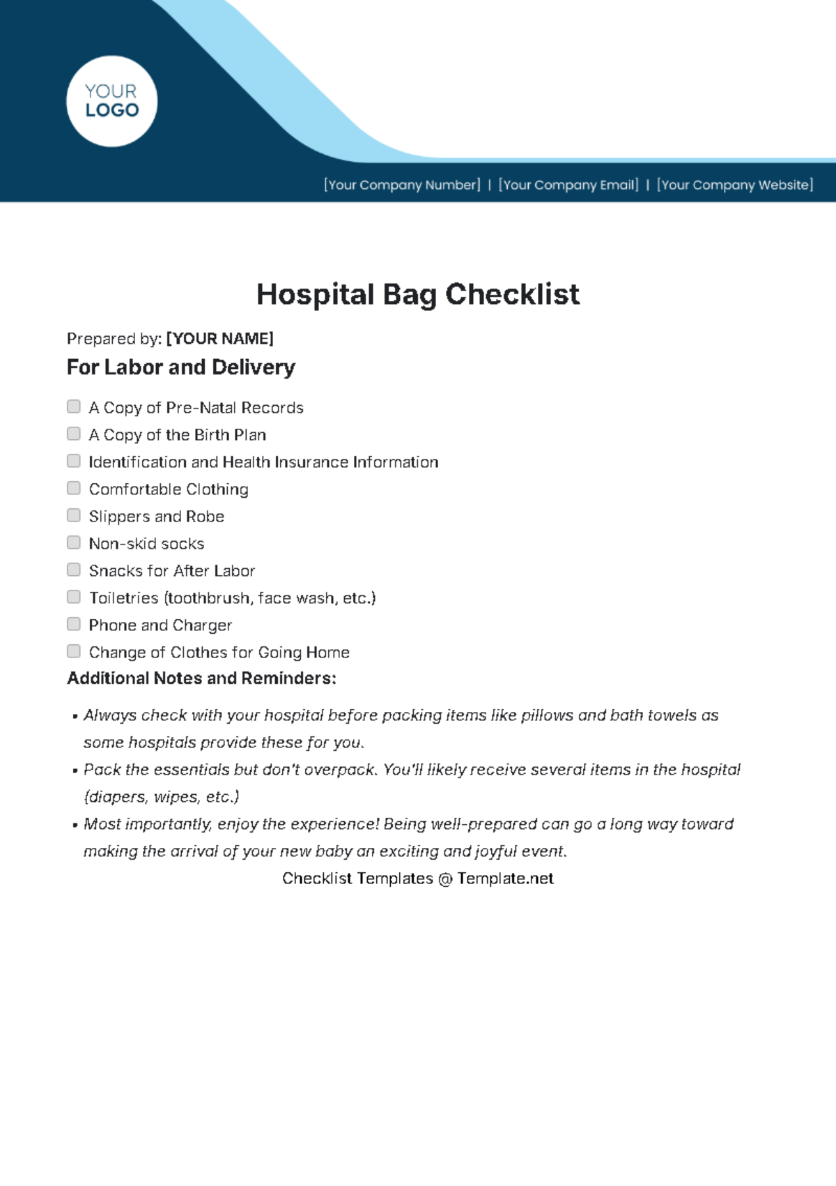 Hospital Bag Checklist Template - Edit Online & Download