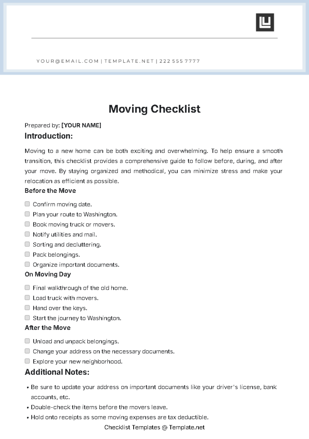 Moving Checklist Template