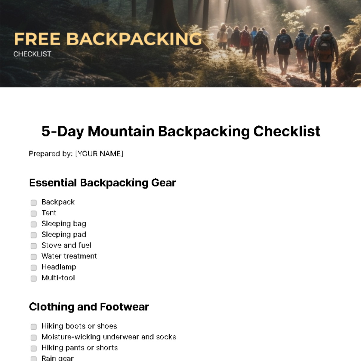 Backpacking Checklist Template - Edit Online & Download