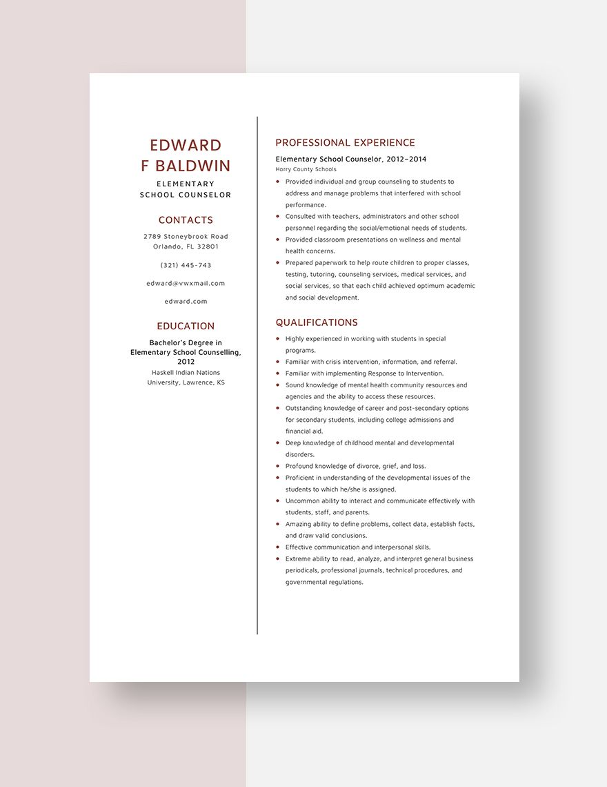 Elementary School Counselor Resume