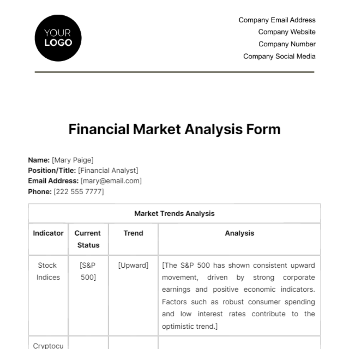 Financial Market Analysis Form Template - Edit Online & Download ...