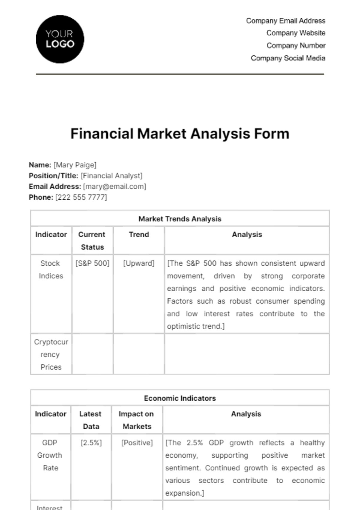 Free Financial Market Analysis Form Template