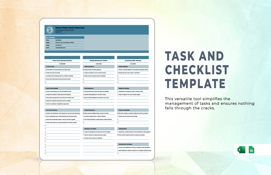 Task and Checklist Template in Excel, Google Sheets
