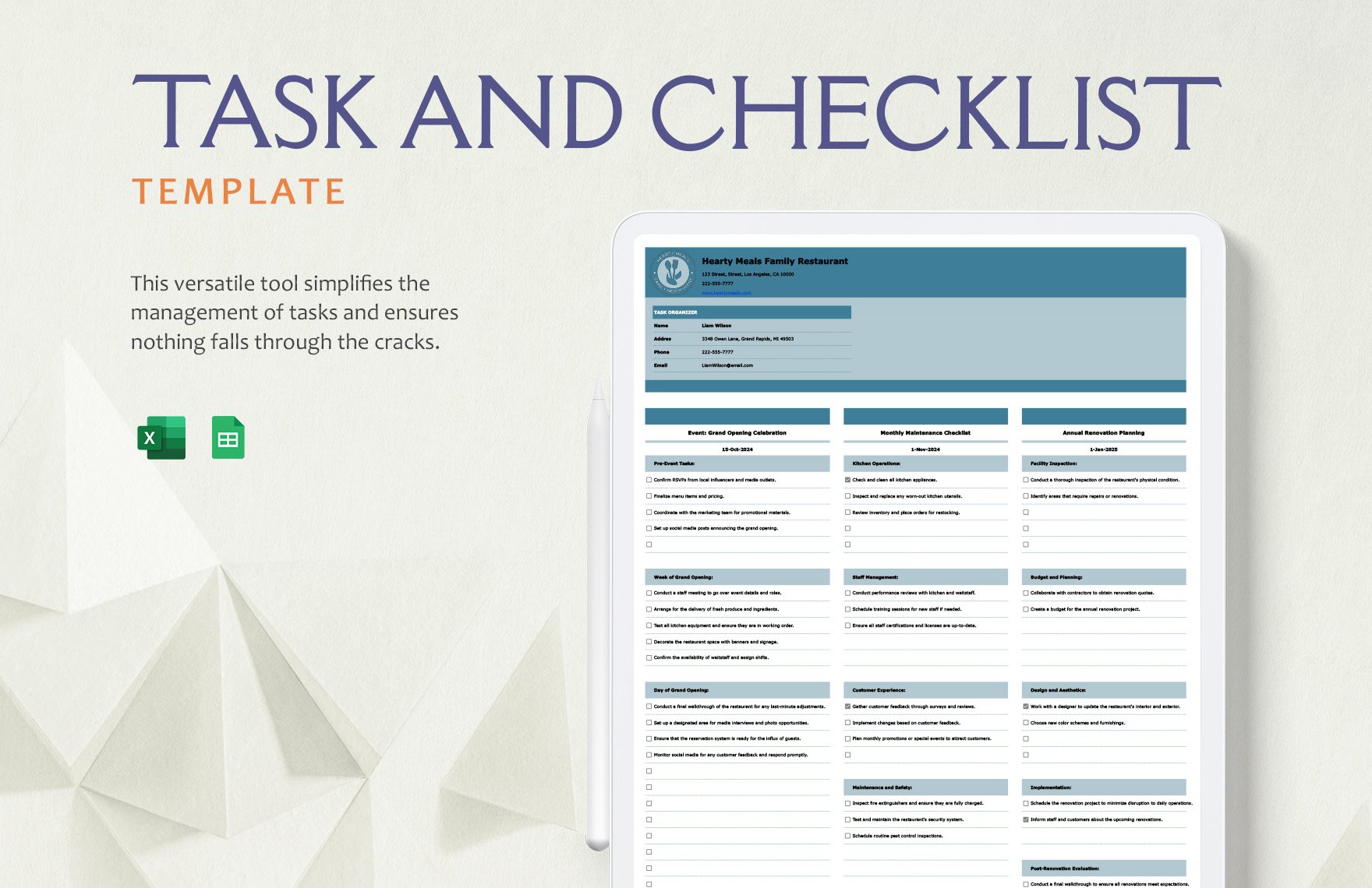 Task and Checklist Template in Excel, Google Sheets