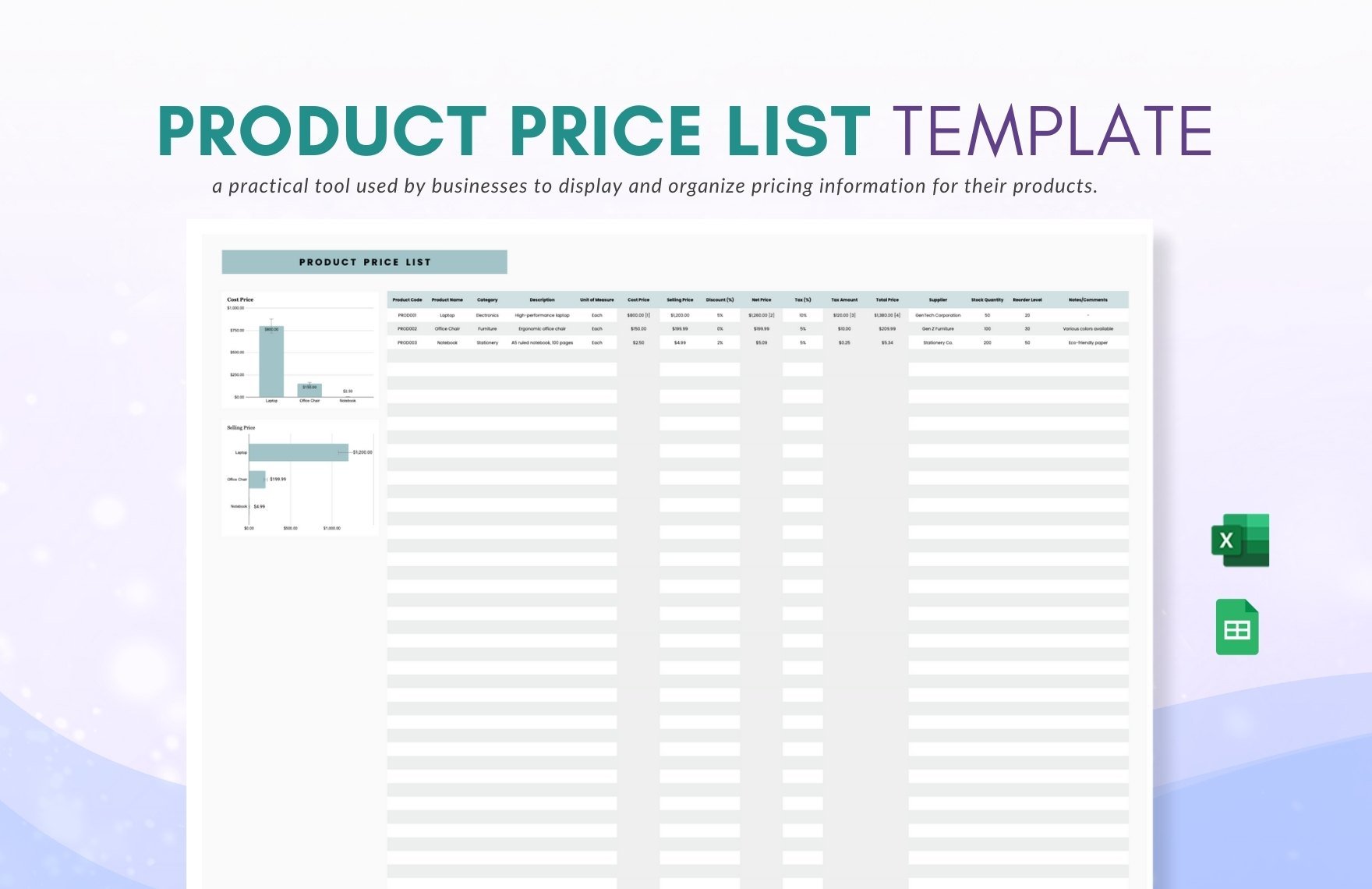 Product Price List Template in Excel, Google Sheets