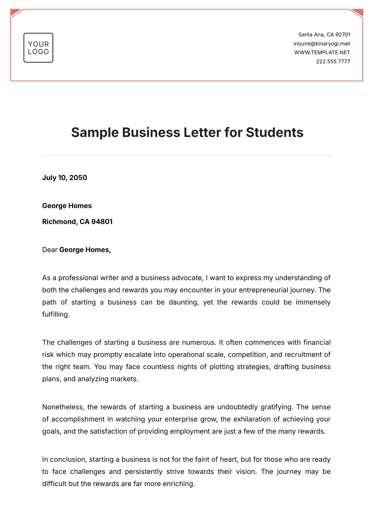 Sample Business Letter for Students Template - Edit Online & Download