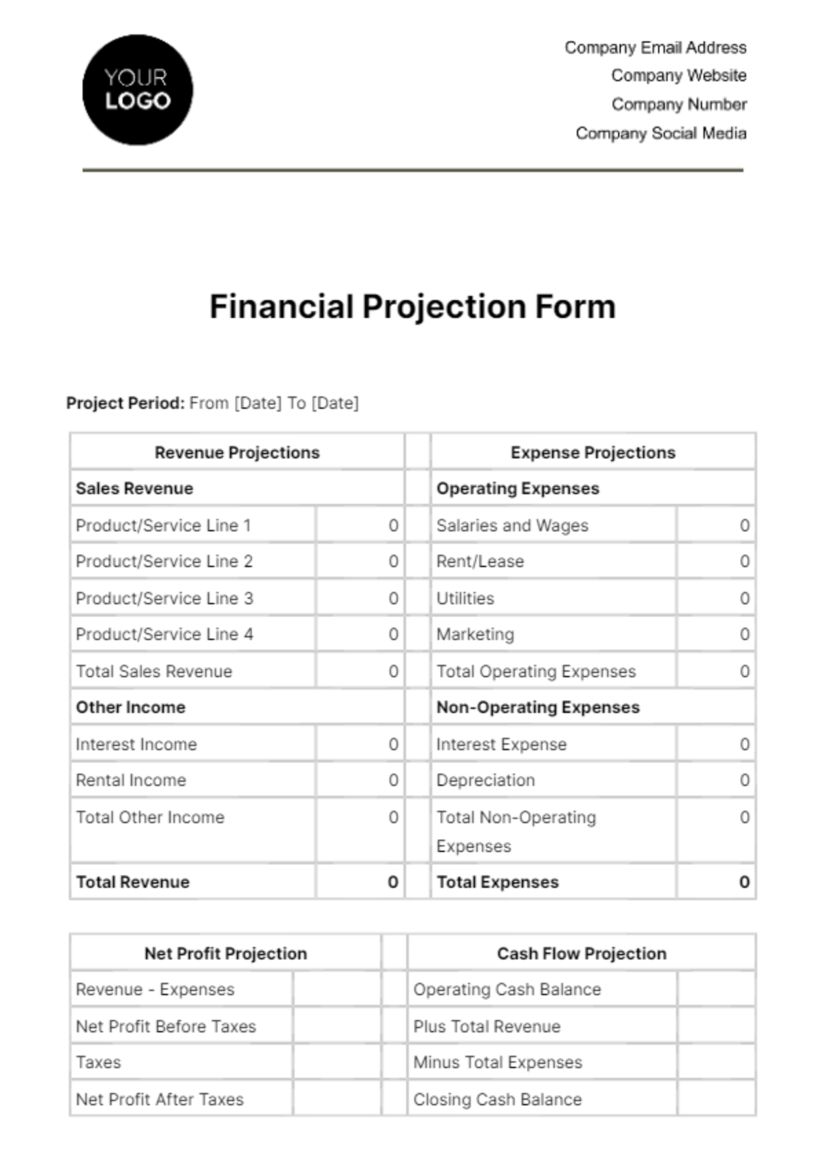 Financial Projection Form Template