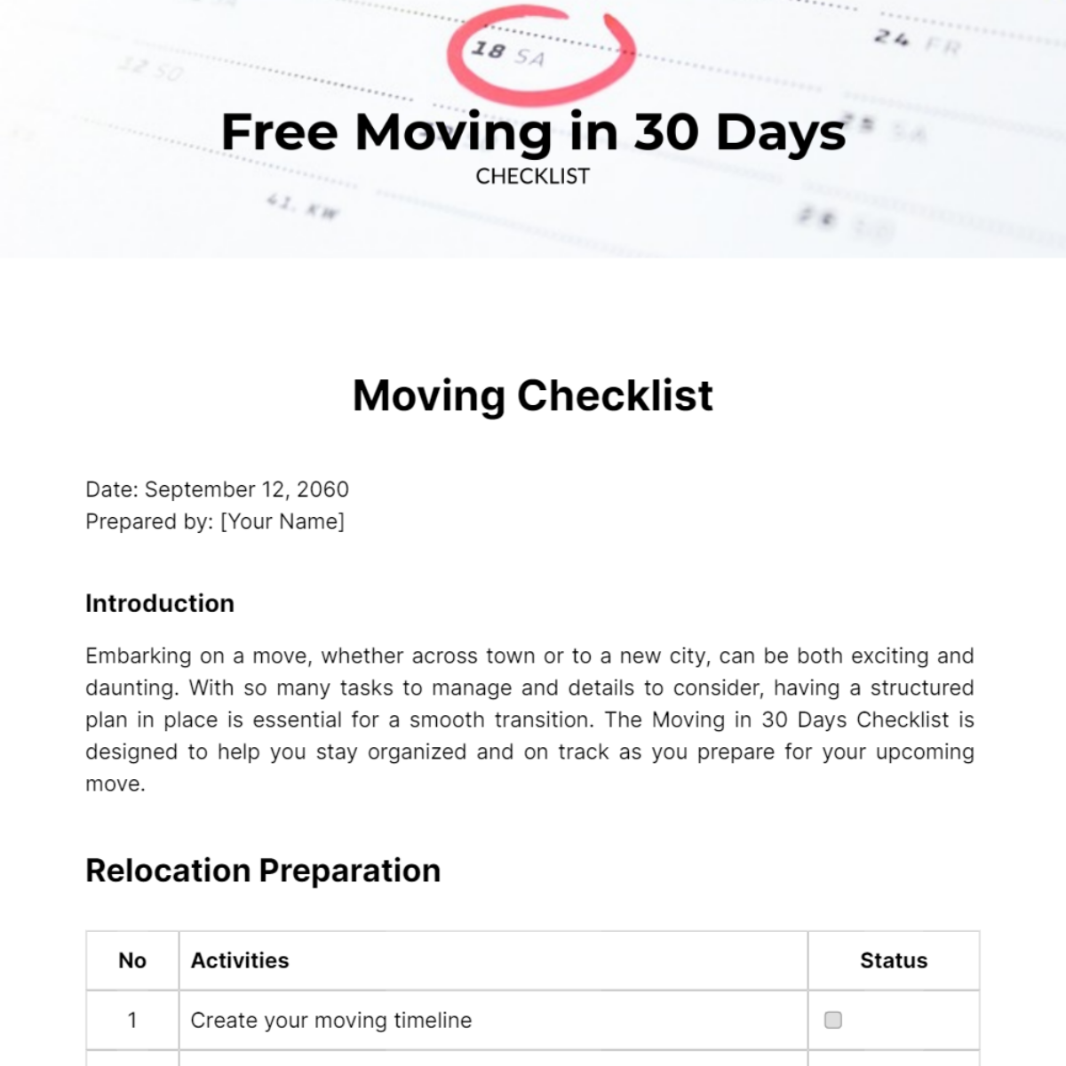 Moving in 30 Days Checklist Template