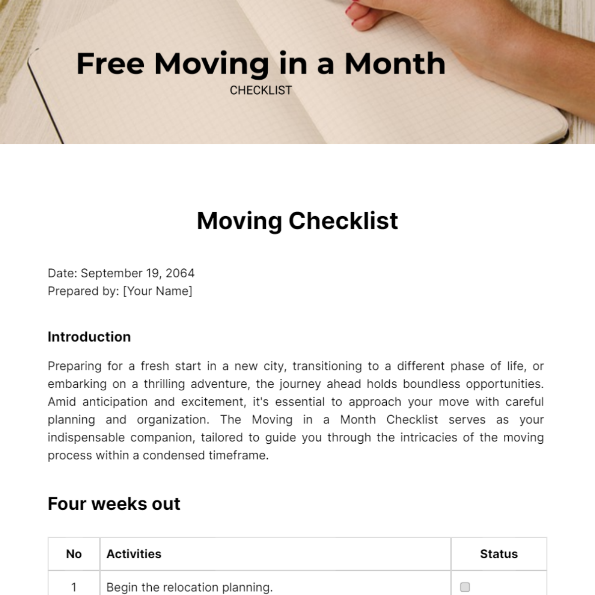 Moving in a Month Checklist Template