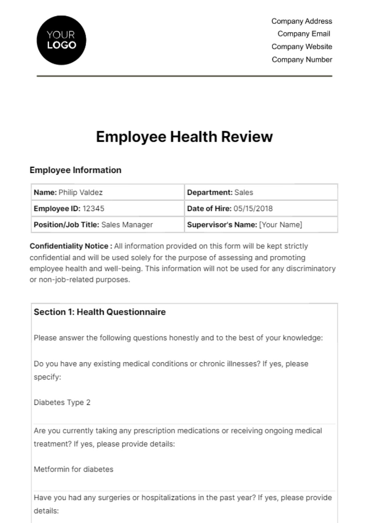 Free Employee Health Review HR Template