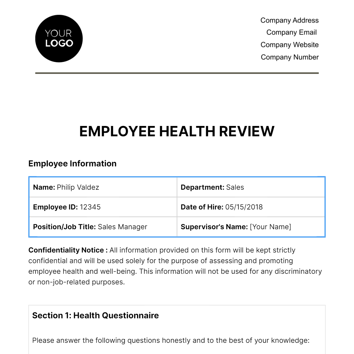 Employee Health Review HR Template - Edit Online & Download