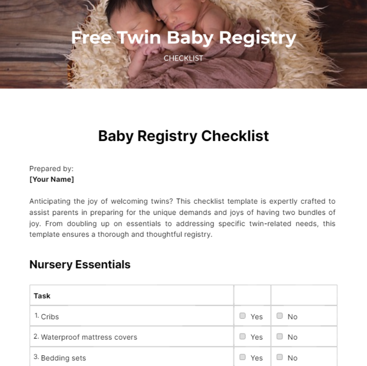 Free Twin Baby Registry Checklist Template