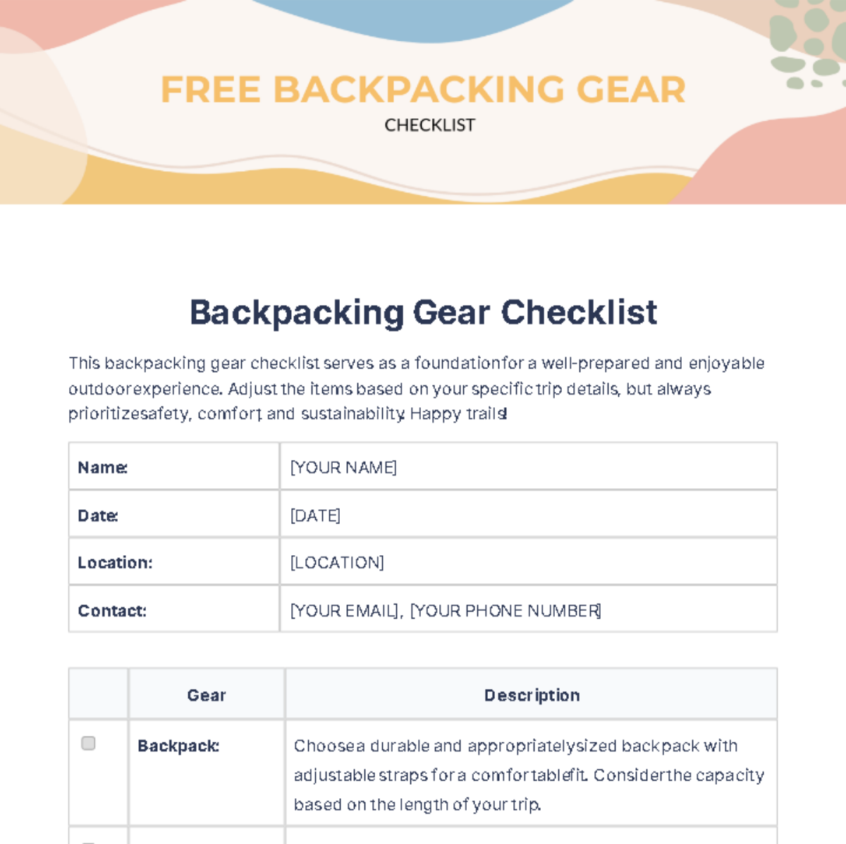 Free Backpacking Gear Checklist Template
