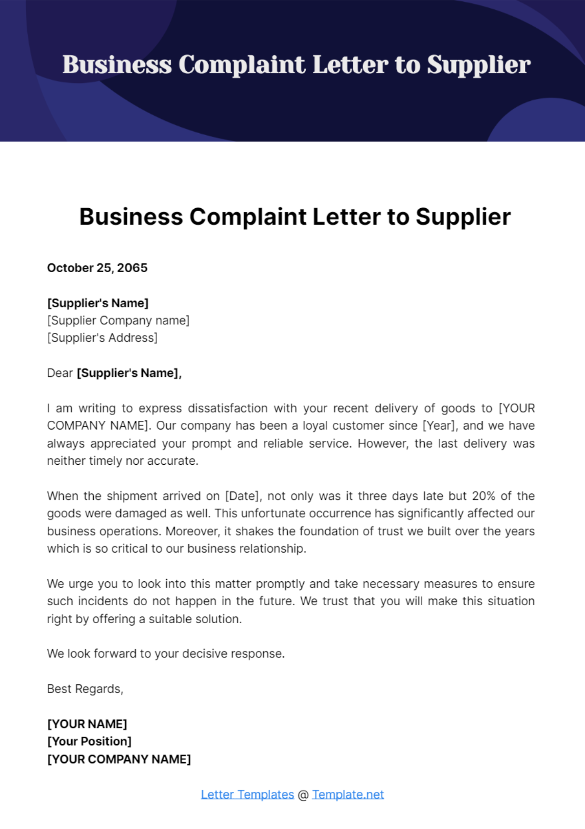 Business Complaint Letter to Supplier Template