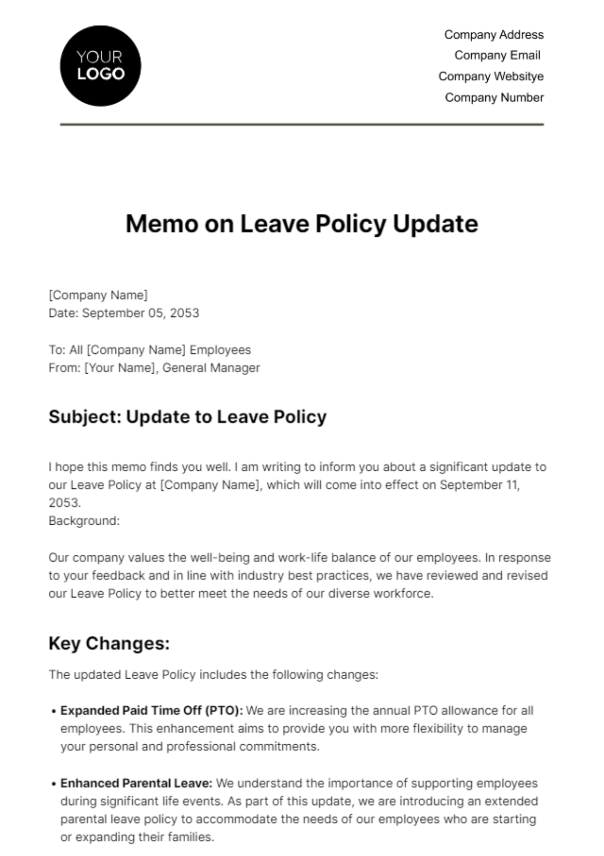 Free Memo on Leave Policy Update HR Template