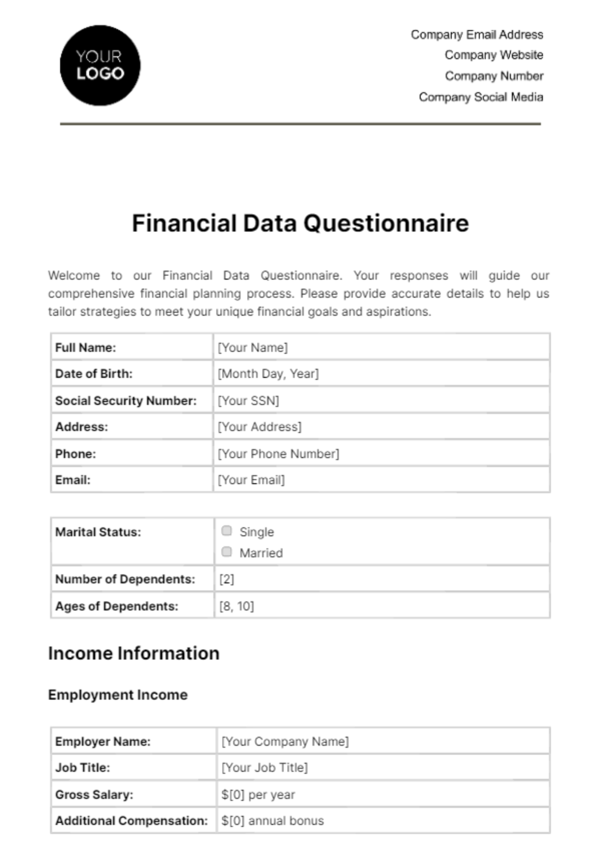 Financial Data Questionnaire Template
